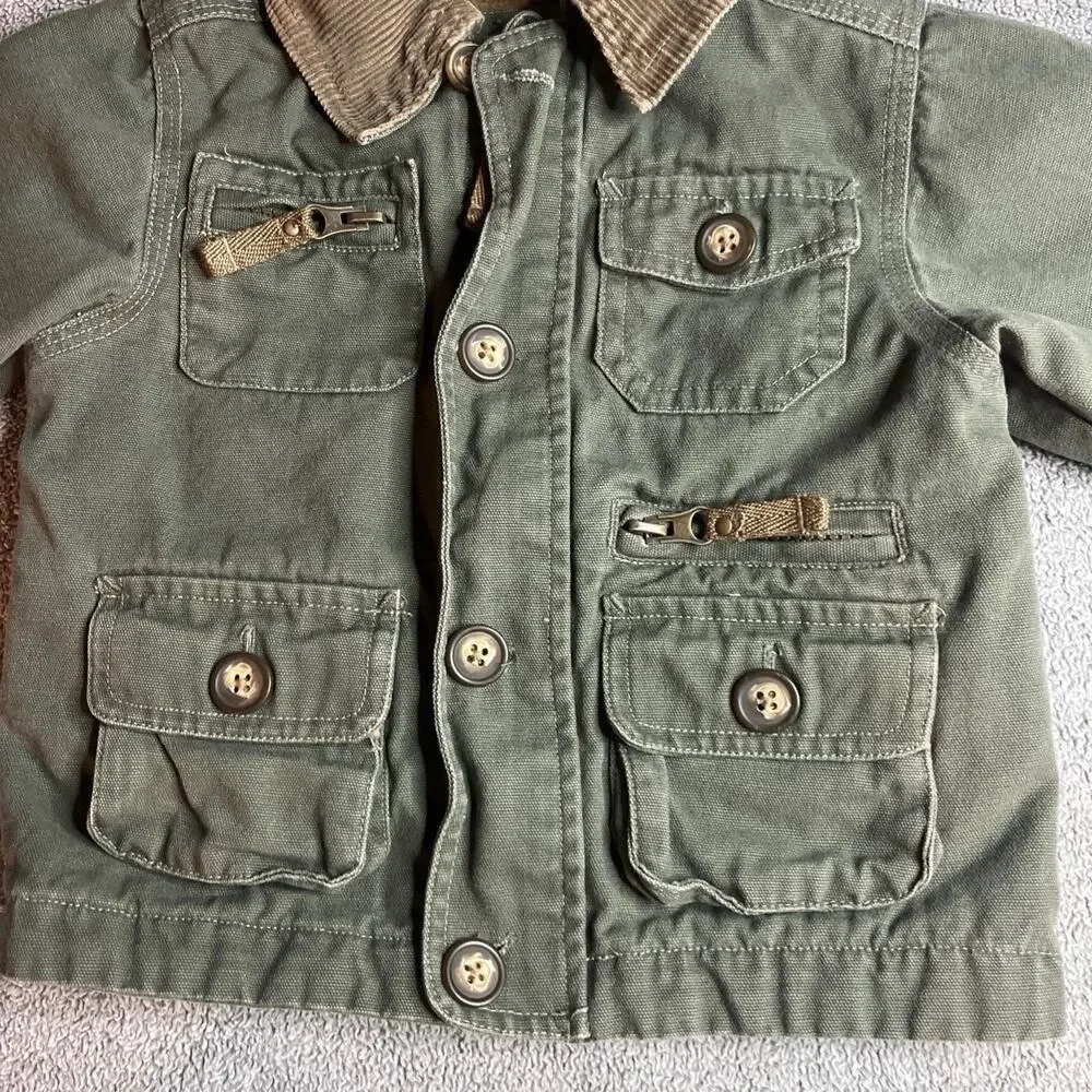 OshKosh B'gosh BabyBoy Green Utility Barn Jacket Corduroy Collar Plaid Lined 12M